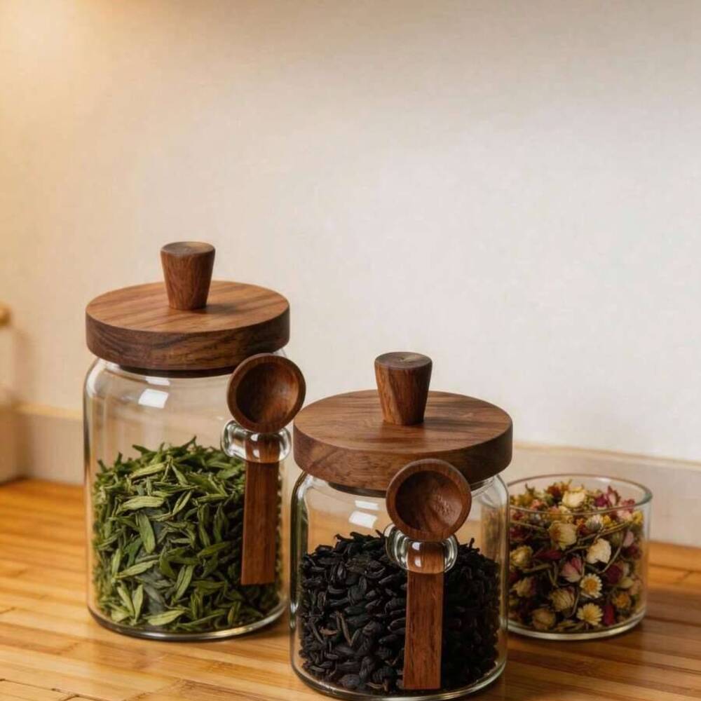 Coffee Tea Jar Set - 3개 세트 투명 유리병 나무 뚜껑