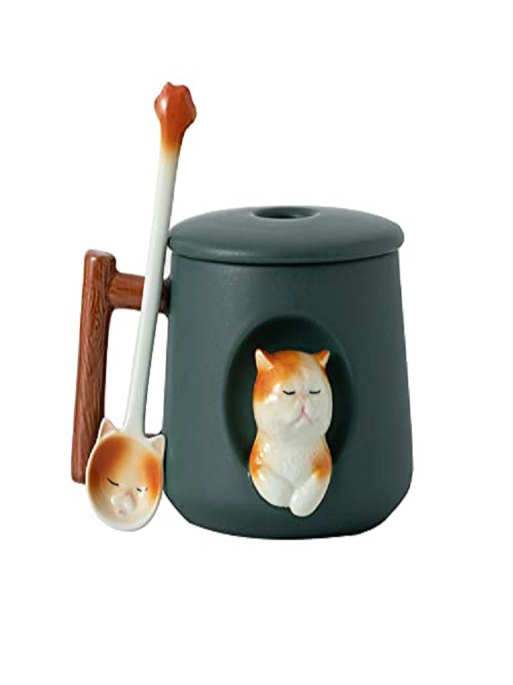 Coffee Tea Spoon - 귀여운 3D 세라믹 고양이 머그컵 (뚜껑,