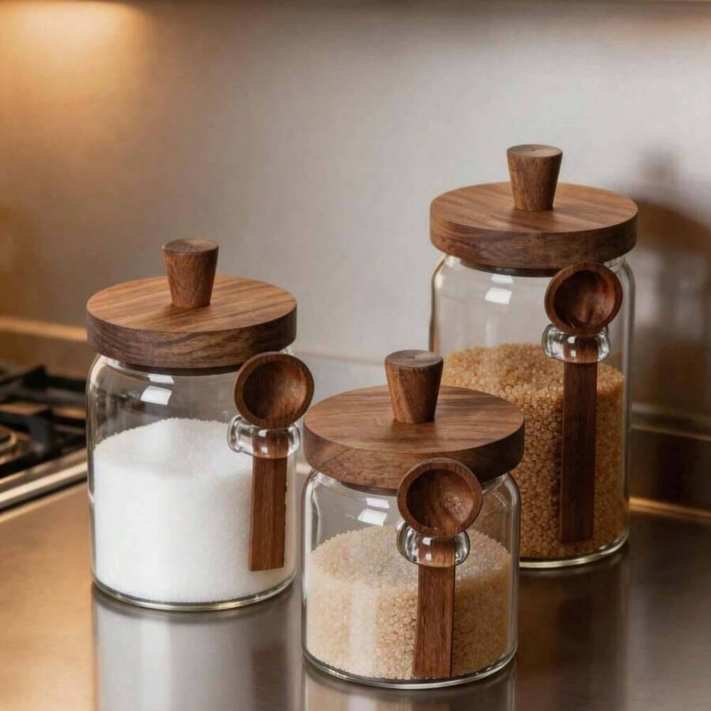 3개 세트 투명 유리병 나무 뚜껑 및 어울리는 스푼 포 - Coffee Tea Jar Set 리뷰 및 가격