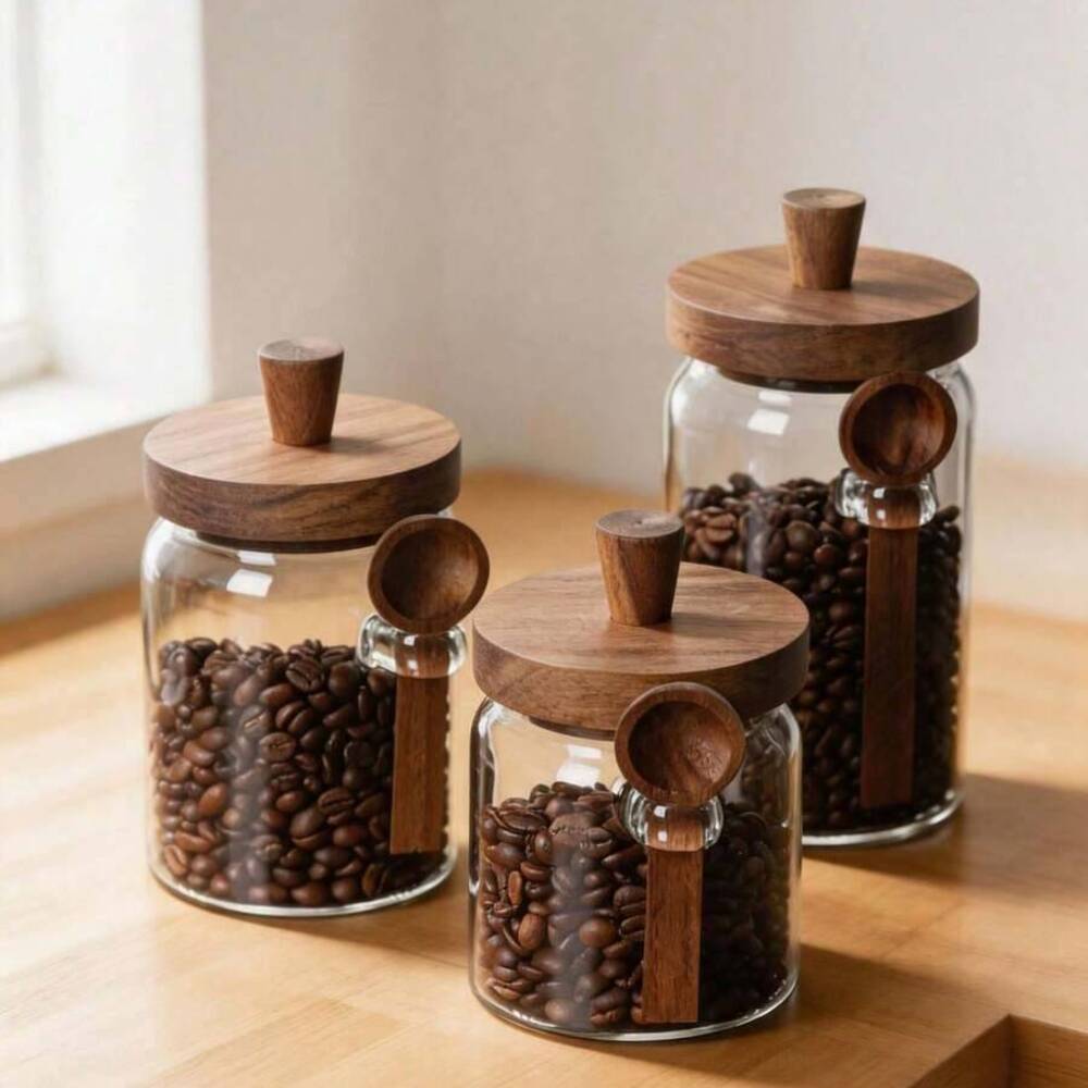 3개 세트 투명 유리병 나무 뚜껑 및 어울리는 스푼 포 - Coffee Tea Jar Set 리뷰 및 가격