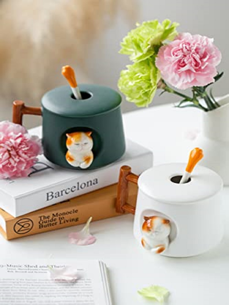 귀여운 3D 세라믹 고양이 머그컵 (뚜껑, 스푼 포함) - Coffee Tea Spoon 리뷰 및 가격